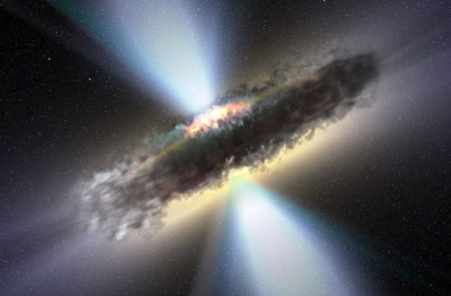 Ilustración artística del espeso toro de polvo que se cree rodea los agujeros negros supermasivos y sus discos de acreción.