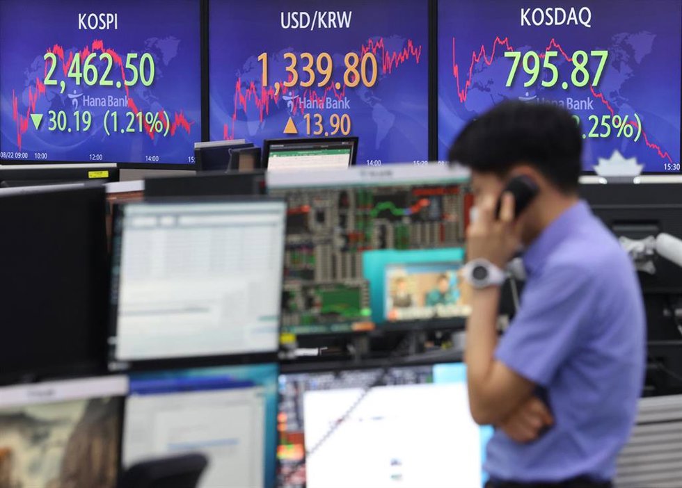 Archivo - 22 August 2022, South Korea, Seoul: An electronic signboard in the dealing room of Hana Bank in Seoul shows the benchmark Korea Composite Stock Price Index (KOSPI) having dropped 30.19 points, or 1.21 per cent, to close at 2,462.50. The Seoul 
