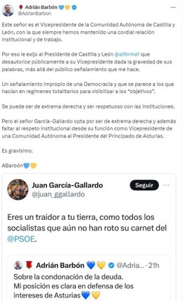 Barbón responde a García-Gallardo en 'X'.