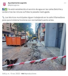 Restablecido el servicio de agua en dos calles de Logroño tras la rotura de tuberías esta madrugada