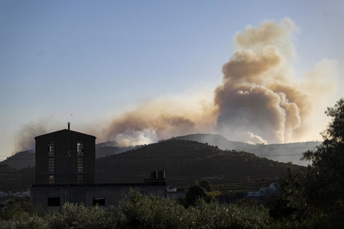 Vista de l'incendi de Montitxelvo des del municipi de Llocnou de Sant Jeroni