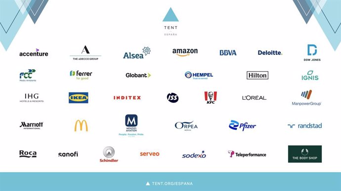 Las 33 empresas de Tent España abarcan diversos sectores y son las siguientes: Accenture, Adecco Group, Alsea, Amazon, BBVA, Deloitte, Dow Jones, FCC Medio Ambiente, Ferrer, Globant, Hempel, Hilton, Ignis, IHG Hotels & Resorts, IKEA, Inditex, ISS, KFC, 