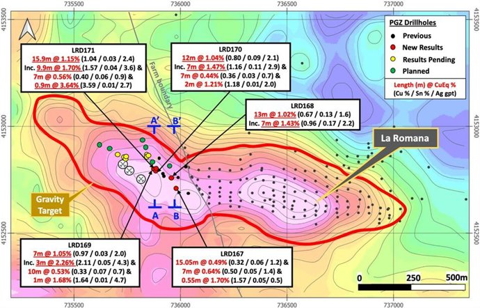 Figura 1 - Mapa de anomalías gravimétricas para La Romana mostrando las localizaciones de los sondeos con resultados seleccionados, y las localizaciones de las secciones transversales A-A' (Figura 2) y B-B' (Figura 3).