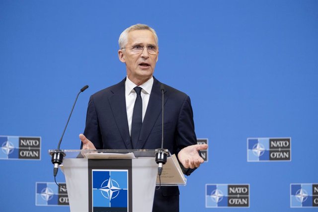 HANDOUT - 11 October 2023, Belgium, Brussels: NATO Secretary General Jens Stoltenberg speaks during a press conference after the first day of the NATO Defense Ministers Council at the Alliance headquarters. Photo: -/NATO/dpa - ATTENTION: editorial use onl