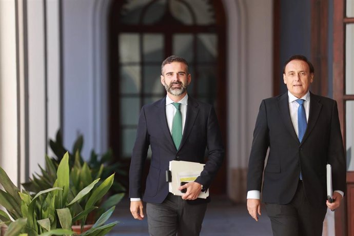 El consejero de Sostenibilidad y portavoz del Gobierno, Ramón Fernández-Pacheco, y el consejero de Universidad, José Carlos Gómez Villamandos, este martes antes de comenzar la rueda de prensa del Consejo de Gobierno. 