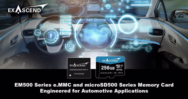 The Exascend EM500 e.MMC and microSD500 memory cards are to meet rising data storage demands of connected and autonomous vehicles.