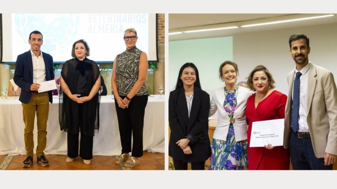 En la primera imagen, Ignacio García Bocanegra (izda.) y Maria Ángeles Risalde (centro) recogiendo el premio Francisco Fernández López, y en la segunda imagen, Maria Ángeles Risalde y Javier Caballero (ambos dcha.)