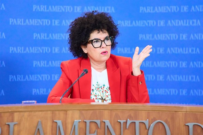 La presidenta del Grupo Parlamentario Mixto-Adelante Andalucía, Maribel Mora, este miércoles en rueda de prensa en el Parlamento de Andalucía. 