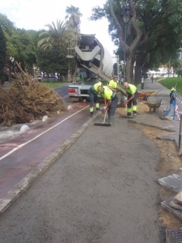 Efectivos de los Servicios Municipales de Mantenimiento de la Vía Pública y Alumbrado trabajando en la calle San Sebsatián en una incidencia provocada por la borrasca Bernard.