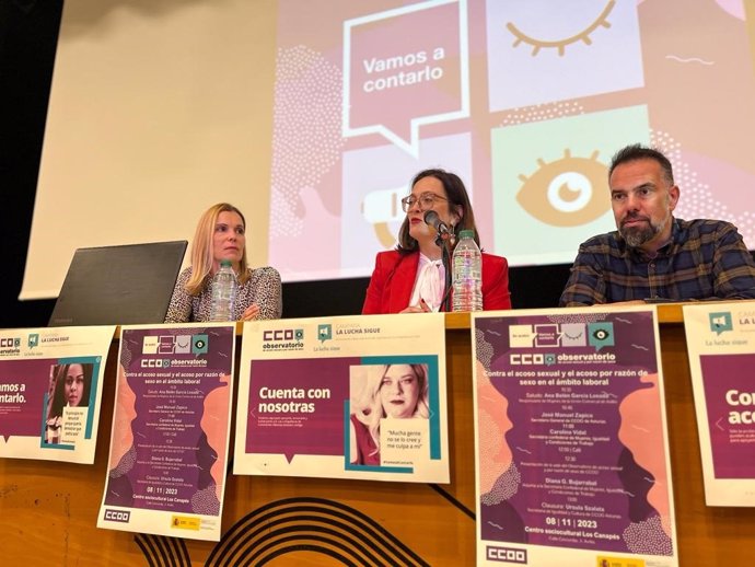 Jornada de presentación del Observatorio contra el acoso sexual  la responsable de Mujer de CCOO de Avilés, Ana Belén García Losada; el secretario general de CCOO de Asturias, José Manuel Zapico; y secretaria de la Mujer de CCOO Carolina Vidal.