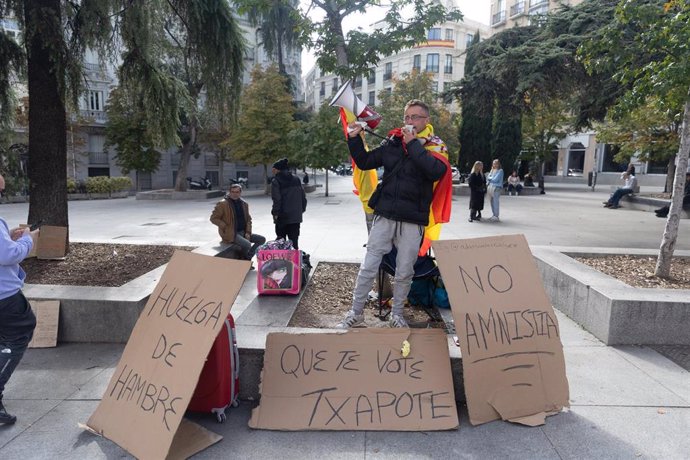 Un joven de 28 años envuelto en una bandera de España protesta por la amnistía ante el Congreso 