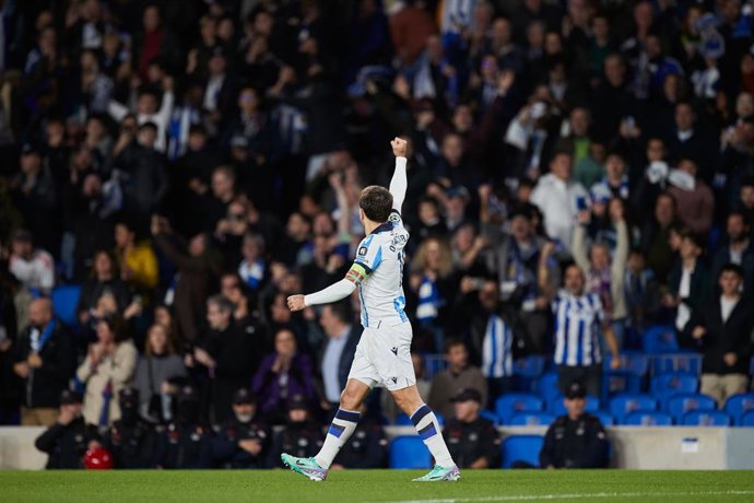 Mikel Oyarzabal of Real Sociedad reacts after scoring goal during the UEFA Champions League match between Real Sociedad and SL Benfica at Reale Arena on November 8, 2023, in San Sebastian, Spain.