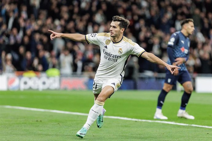 El jugador del Real Madrid Brahim Díaz celebra un gol ante el Sporting de Braga, en la Liga de Campeones 2023-2024. 