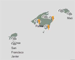 Mapa meteorológico de Aemet en Baleares, a 9 de noviembre de 2023.