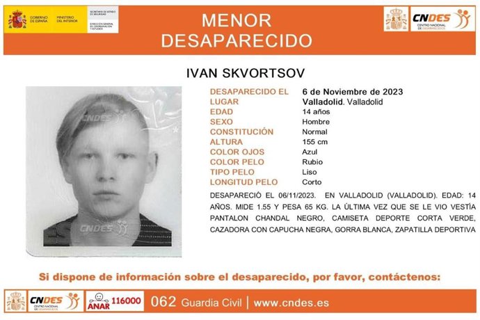 Aviso de desaparición de un menor en Valladolid.