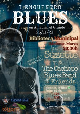Cartel del I Encuentro de Blues en Alhaurín el Grande, que tendrá lugar el 25 de noviembre en la biblioteca municipal.