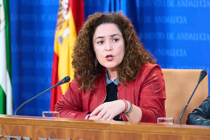 La portavoz del Grupo Por Andalucía, Inmaculada Nieto, en rueda de prensa en el Parlamento andaluz. (Foto de archivo).