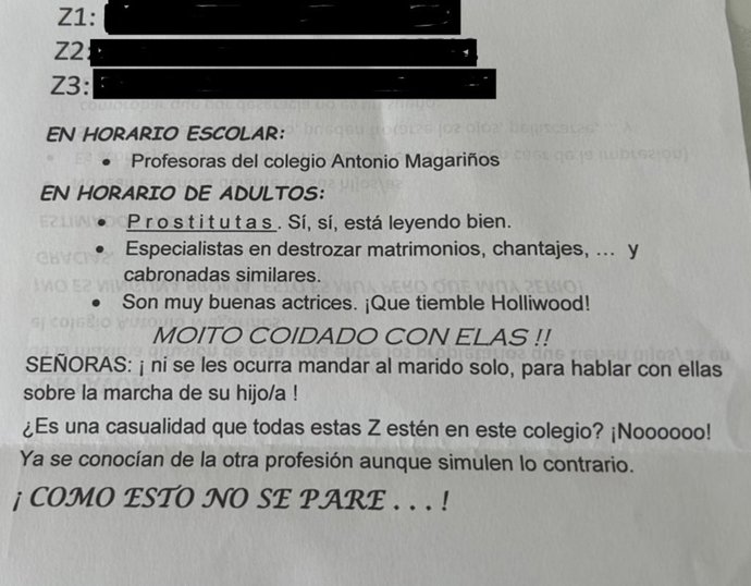 Cartas enviadas a la comunidad educativa de un colegio de Cambados en las que se insulta a varias profesoras
