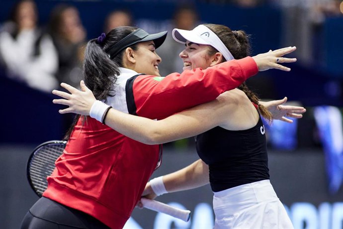 Marina Stakusic of Canada celebrates during tennis match between Spain and Canada The Billie Jean King Cup Finals 2023 at La Cartuja stadium on November 8, 2023, in Sevilla, Spain