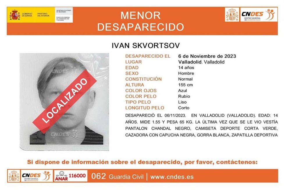 Mensaje del Centro Nacional de Desaparecidos que informa de que se ha localizado al menor desaparecido en Valladolid.