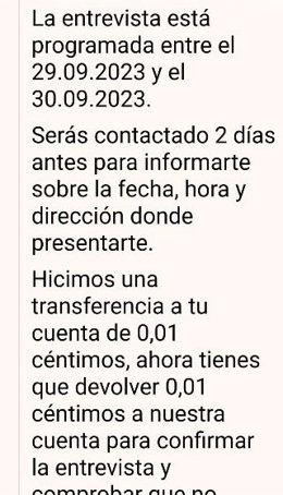 Correo enviado con la falsa oferta de trabajo.