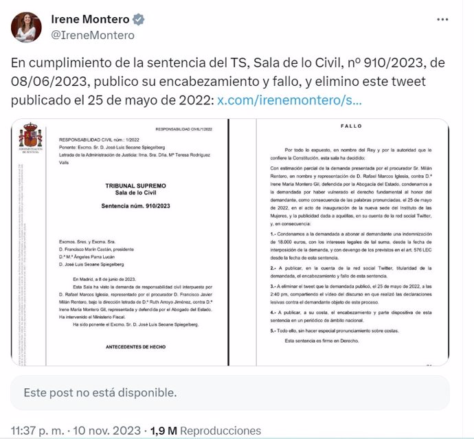Tuit de Irene Montero dando cumplimiento a una sentencia del Tribunal Supremo