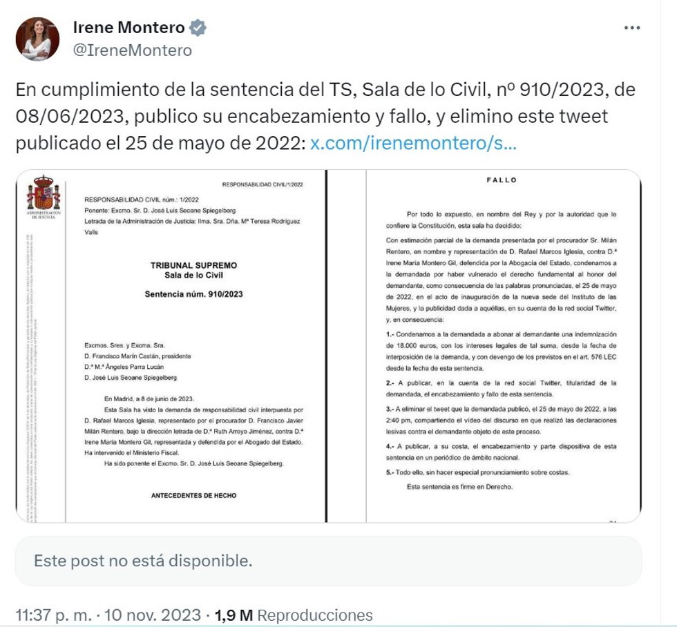 Tuit de Irene Montero dando cumplimiento a una sentencia del Tribunal Supremo
