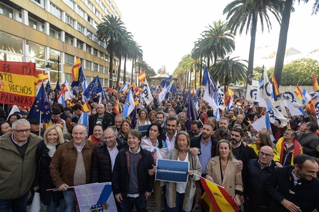 El vicesecretario nacional de Coordinación del PP, Miguel Tellado (4i), durante una manifestación contra la amnistía, a 12 de noviembre de 2023, en A Coruña, Galicia.