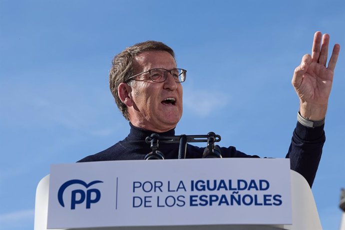 El presidente del PP, Alberto Núñez Feijóo, interviene durante una manifestación contra la amnistía, en la Puerta del Sol, a 12 de noviembre de 2023, en Madrid (España). 