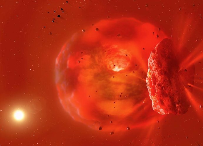 Esta ilustración muestra las consecuencias de una colisión entre dos exoplanetas gigantes. Lo que queda es un núcleo planetario fundido y caliente y una nube brillante y arremolinada de polvo y escombros.