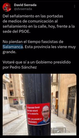 Mensaje publicado en 'X' por el socialista salmantino David Serrada