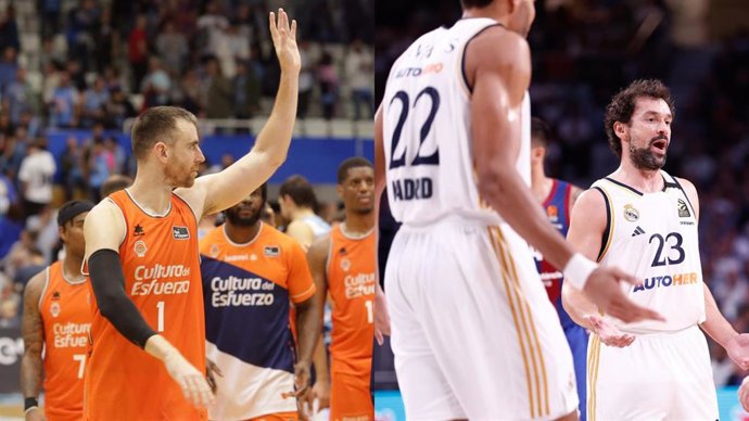 El jugador del Valencia Basket Víctor Claver, y los jugadores del Real Madrid Walter Tavares y Sergio Llull.