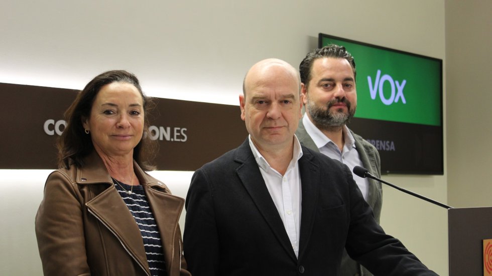 El portavoz de VOX, Santiago Morón, y los diputados David Arranz y Carmen Rouco.