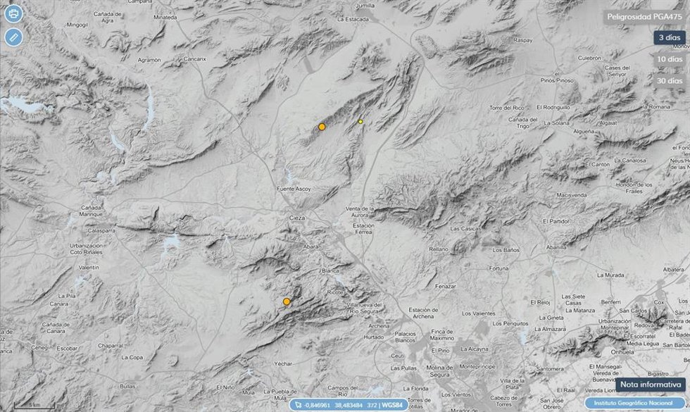Mapa que muestra la localización exacta de los tres terremotos