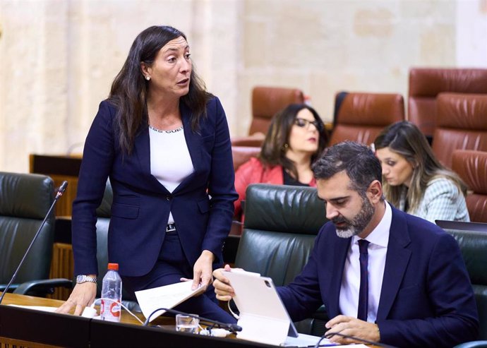 La consejera de Inclusión Social, Juventud, Familias e Igualdad de la Junta de Andalucía, Loles López, durante su intervención en el Parlamento contestando a la respuesta oral de José María Ortells (Vox).