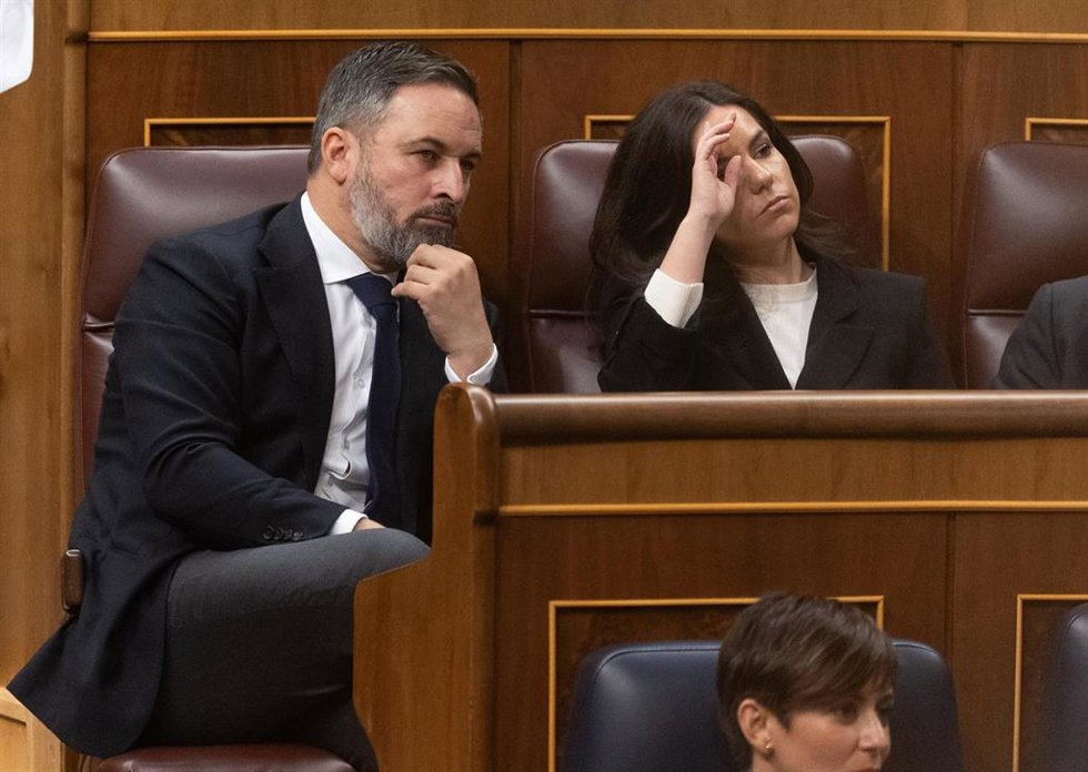 El líder de Vox, Santiago Abascal, y la portavoz de VOX en el Congreso, Pepa Millán, durante la primera sesión del debate de investidura de Pedro Sánchez como presidente de Gobierno, en el Congreso de los Diputados, a 15 de noviembre de 2023, en Madrid