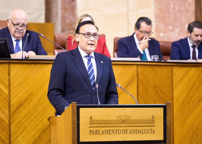 El consejero de Universidad, Investigación e Innovación, José Carlos Gómez Villamandos, en el Pleno del Parlamento andaluz.