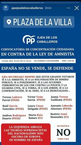 Captura de la publicación en la cuenta de 'Instagram' del PP de Ejea de los Caballeros.