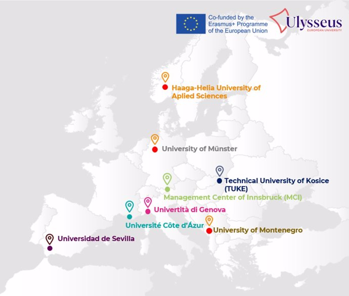 Mapa de Europa con las universidades socias de la US en el marco de la alianza Ulysseus.