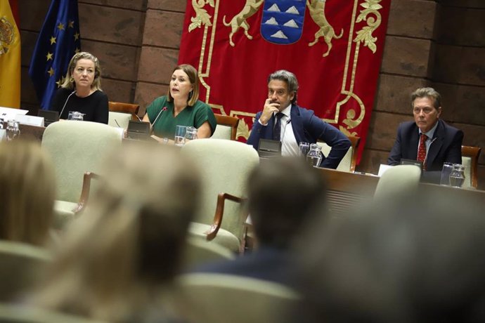 La vicepresidente primera del Parlamento, Ana Oramas, la presidenta del Parlamento, Astrid Pérez, y el vicepresidente segundo, Gustavo Matos, en la inauguración de una jornada sobre el REF en el Parlamento