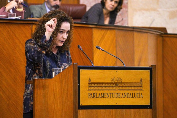 La portavoz del Grupo Parlamentario Por Andalucía, Inmaculada Nieto, este jueves en la defensa de la enmienda a la totalidad al proyecto de Presupuesto de 2024. 