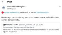 El PP señala en redes sociales a los 121 diputados de PSOE por su voto a Sánchez y la amnistía: "Todo por la silla"