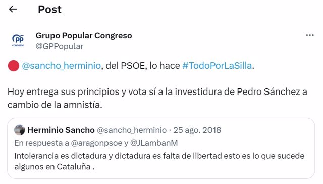 Uno de los mensajes del Grupo Popuar contra los diputados del PSE que han apoyado la investidura de pedro Sñanchez tras pactar la Ley de Amnistía