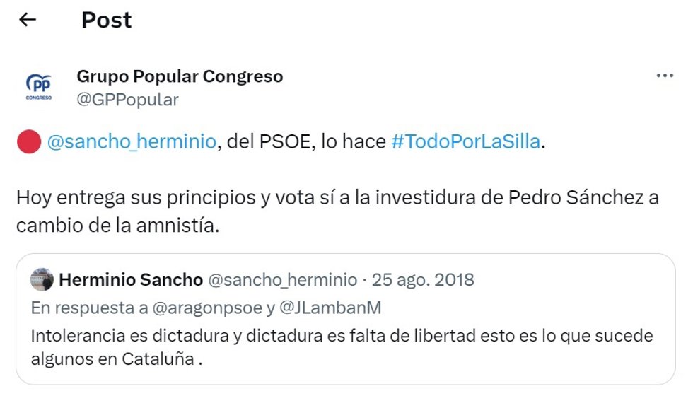 Uno de los mensajes del Grupo Popuar contra los diputados del PSE que han apoyado la investidura de pedro Sñanchez tras pactar la Ley de Amnistía