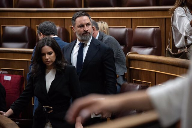 La portavoz de VOX en el Congreso, Pepa Millán y el líder de VOX, Santiago Abascal, en primera sesión del debate de investidura de Sánchez como presidente de Gobierno, en el Congreso de los Diputados, a 15 de noviembre de 2023, en Madrid (España).