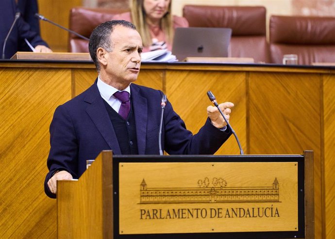 El parlamentario del PP-A Pablo Venzal interviene en el Pleno del Parlamento durante el debate de totalidad del Presupuesto de 2024.