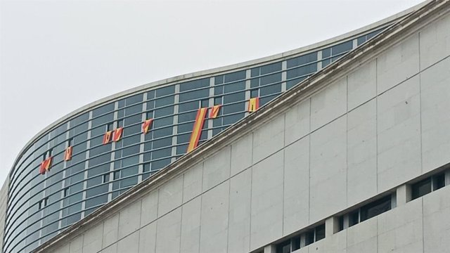 Banderas desplegadas por Vox en el Congreso para protestar contra la investidura de Pedro Sánchez.