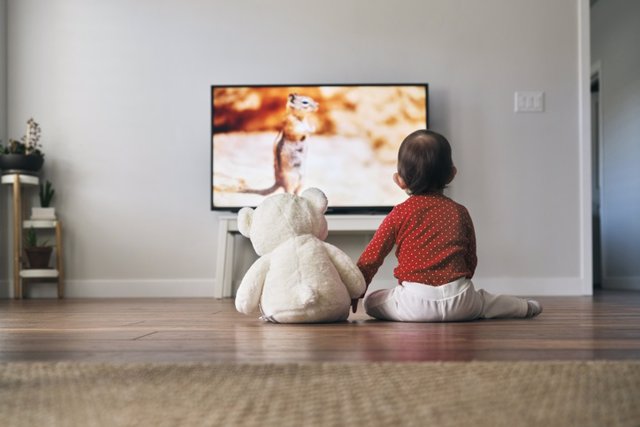 Archivo - Bebé viendo la tele con su oso de peluche.