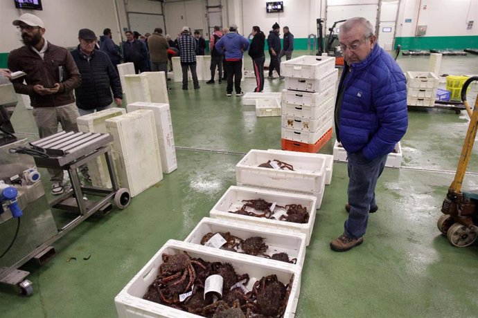 Archivo - Un hombre observa unas cajas con centollos en la lonja de Burela, a 15 de diciembre de 2022, en Burela, Lugo, Galicia, (España). Este año ha pasado por las rulas gallegas la menor cantidad de pescado y marisco en casi dos décadas. Esto indica 
