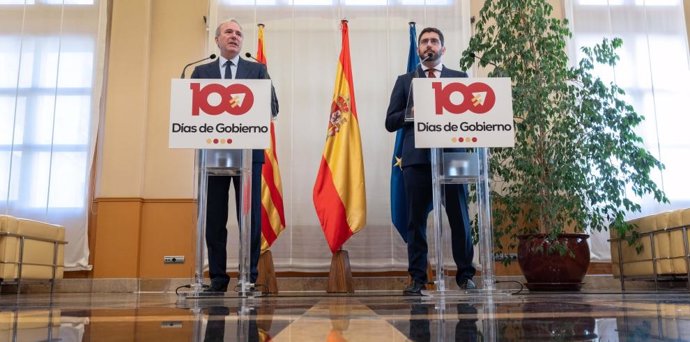 El presidente del Gobierno de Aragón, Jorge Azcón, y el vicepresidente primero, Alejandro Nolasco, hacen balance de sus primeros cien días en el Ejecutivo.